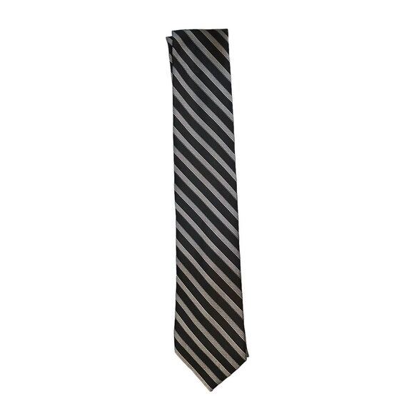 Perry Ellis Portfolio Neck Tie 100% Silk Mens Striped Silver Black‎ Nice! - Picture 1 of 4